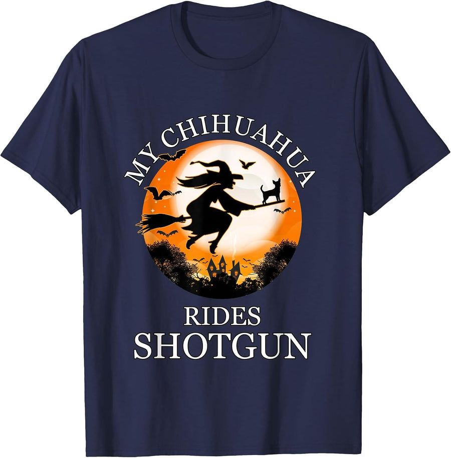 My Chihuahua Rides Shotgun Funny Dog Owner Lover Halloween T-Shirt - Navy Blue