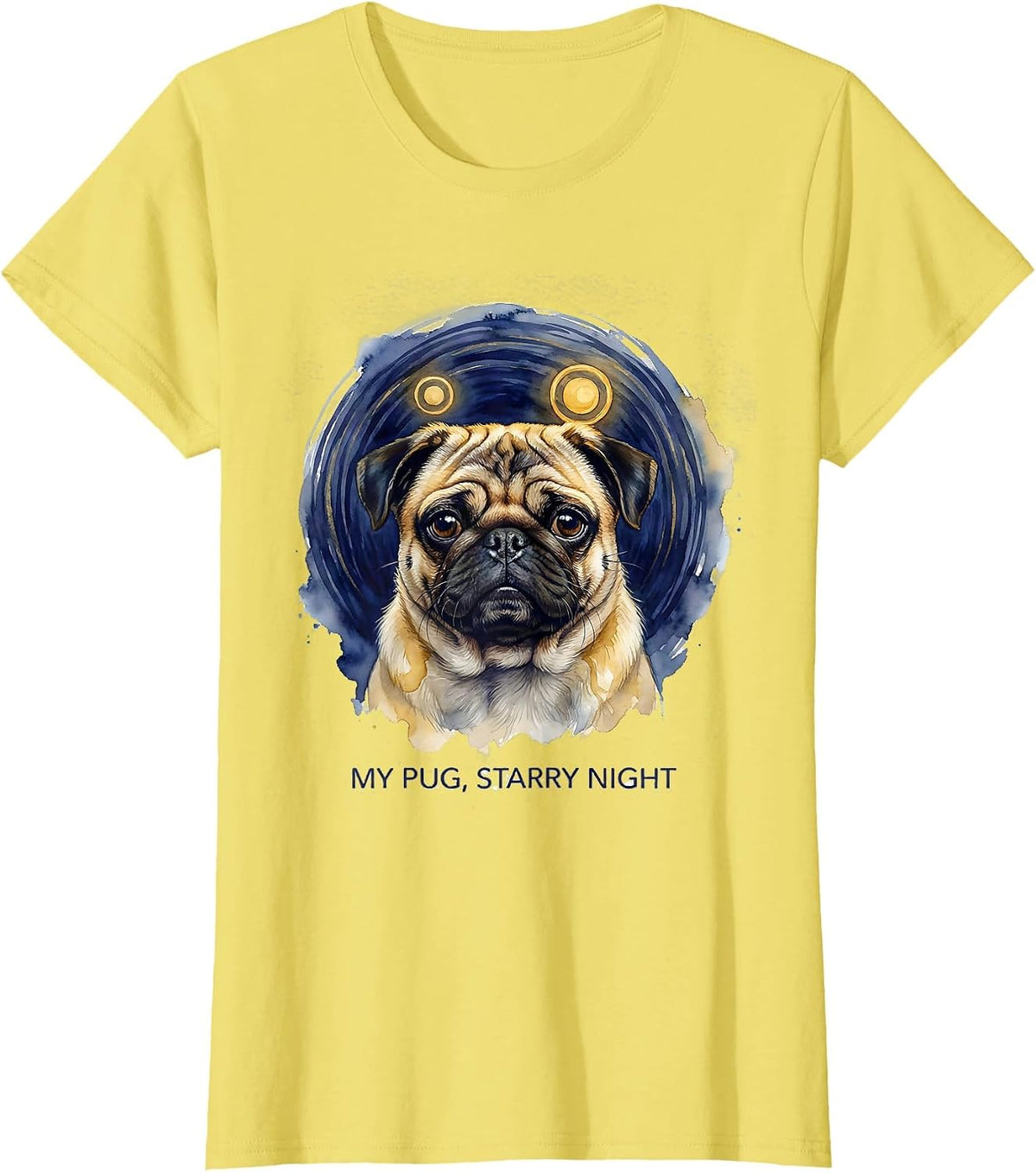 Women's My Pug Starry Night Watercolor Dog Portrait Art Lover Gift T-Shirt - Lemon Yellow