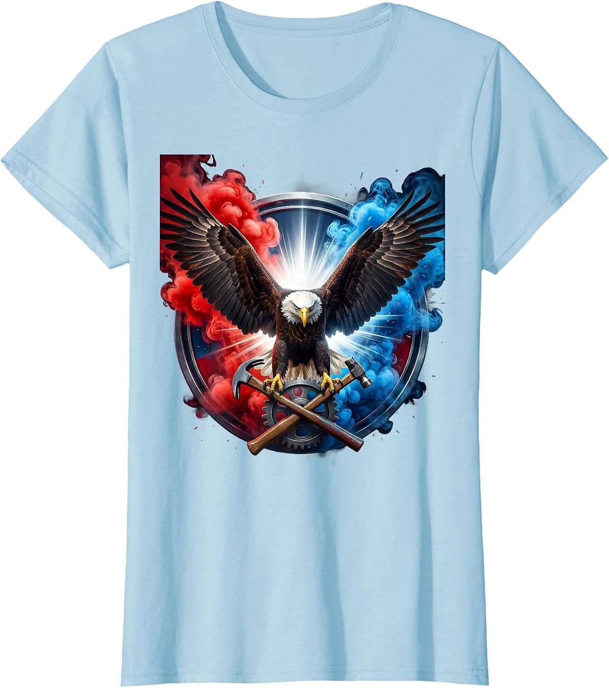 Women's Patriotic Bald Eagle Gear and Hammer Graphic T-Shirt - Baby Blue