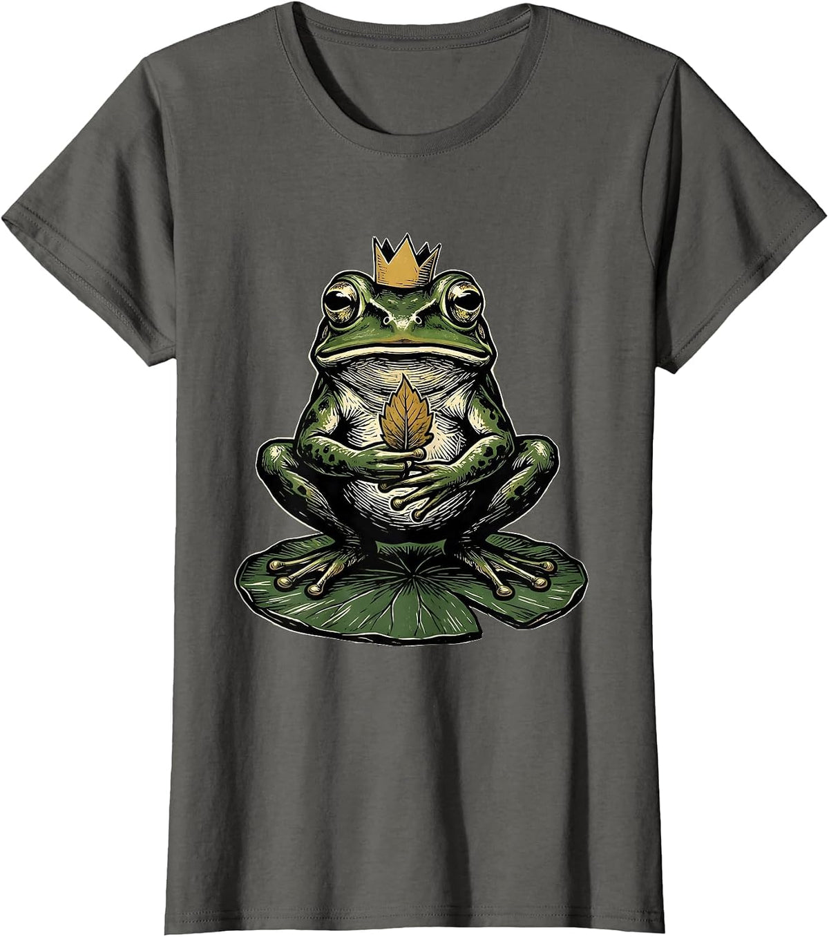 Women's Squat Frog Paper Crown Linocut Frog Lover Humor T-Shirt - Asphalt Grey
