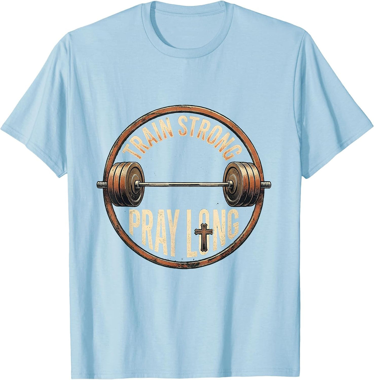 Men's Train Strong Pray Long Vintage Christian Gym Faith T-Shirt - Baby Blue