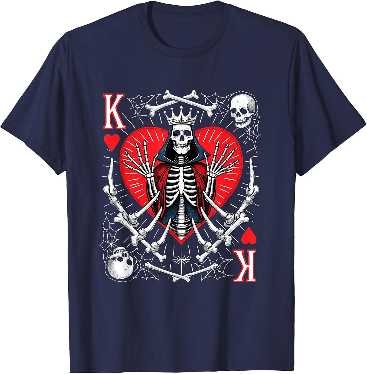 Creepy Skeleton King of Hearts Halloween Playing Card Poker T-Shirt - Navy Blue