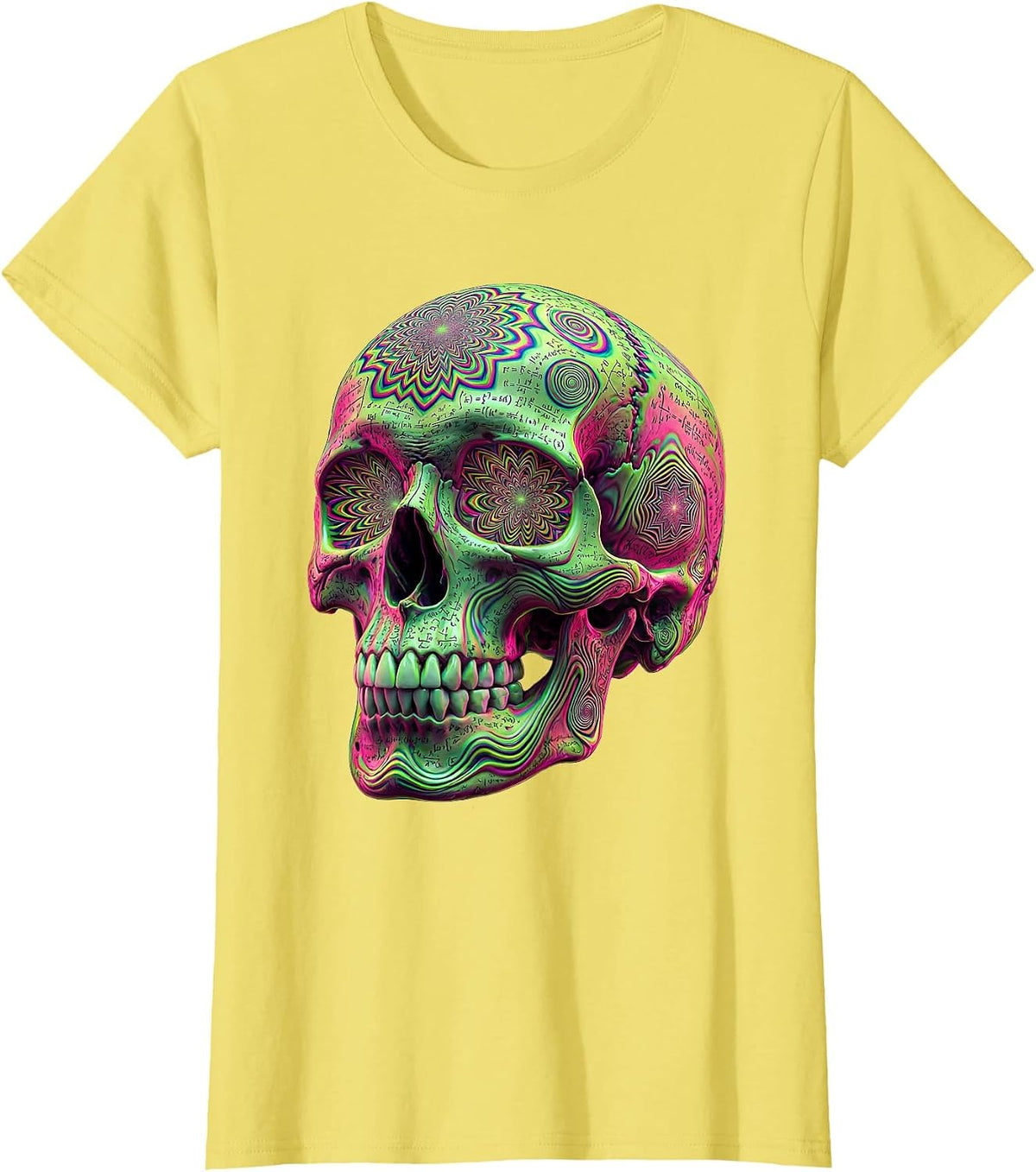 Skull Mathematical Formulas Engraved Art Design T-Shirt - Lemon Yellow