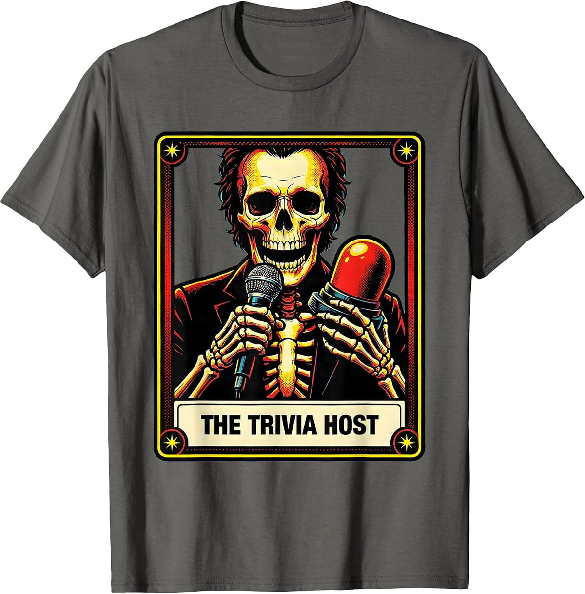 Men's The Trivia Host Pop Art Tarot Card Skeleton Role Humor T-Shirt - Asphalt Grey