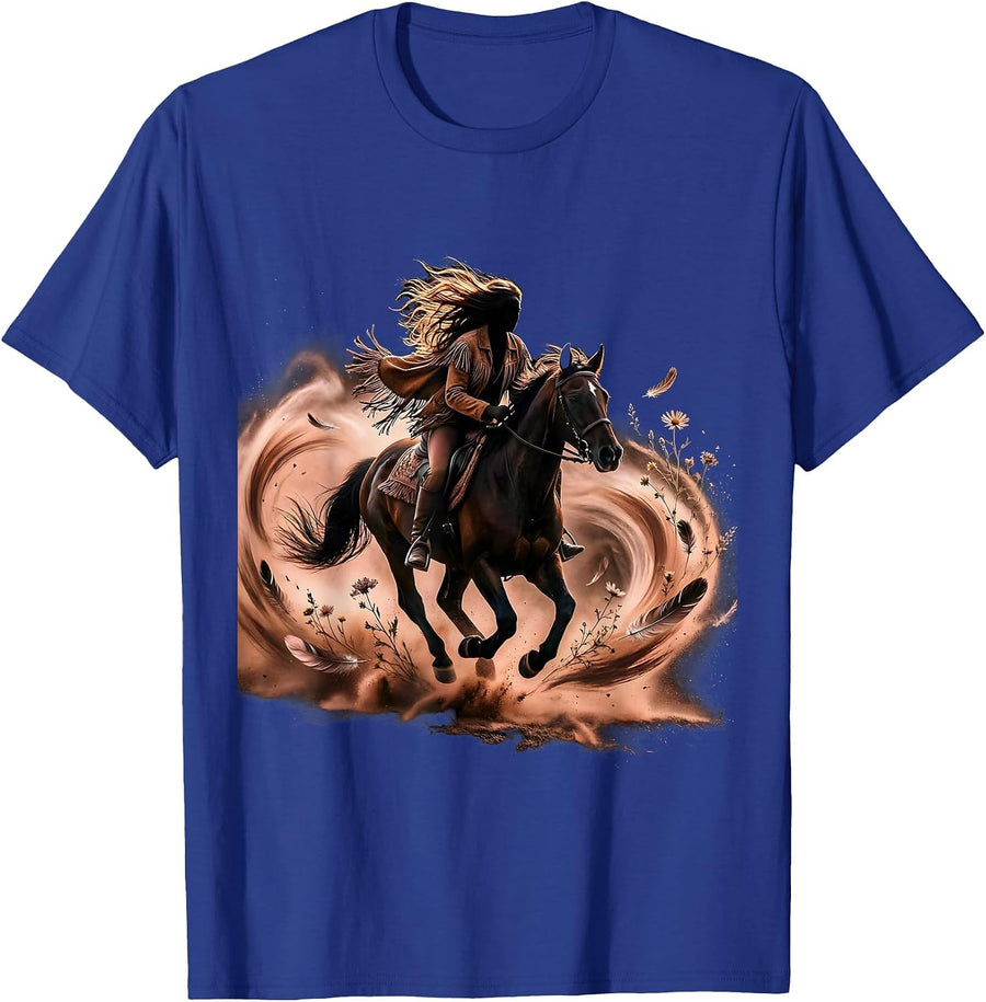 Western Rider Galloping Through Dust Cloud T-Shirt - Royal Blue