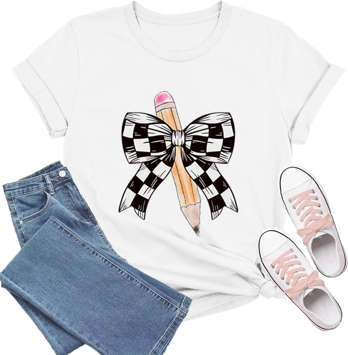 Teacher Shirts for Women Bow Teacher T-Shirt Pencil Teaching Tee Tops - White