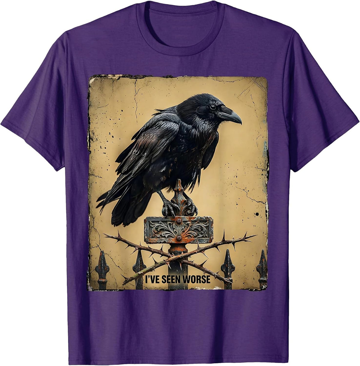 Men's I've Seen Worse Distressed Gothic Crow Raven Dark Humor T-Shirt - Purple