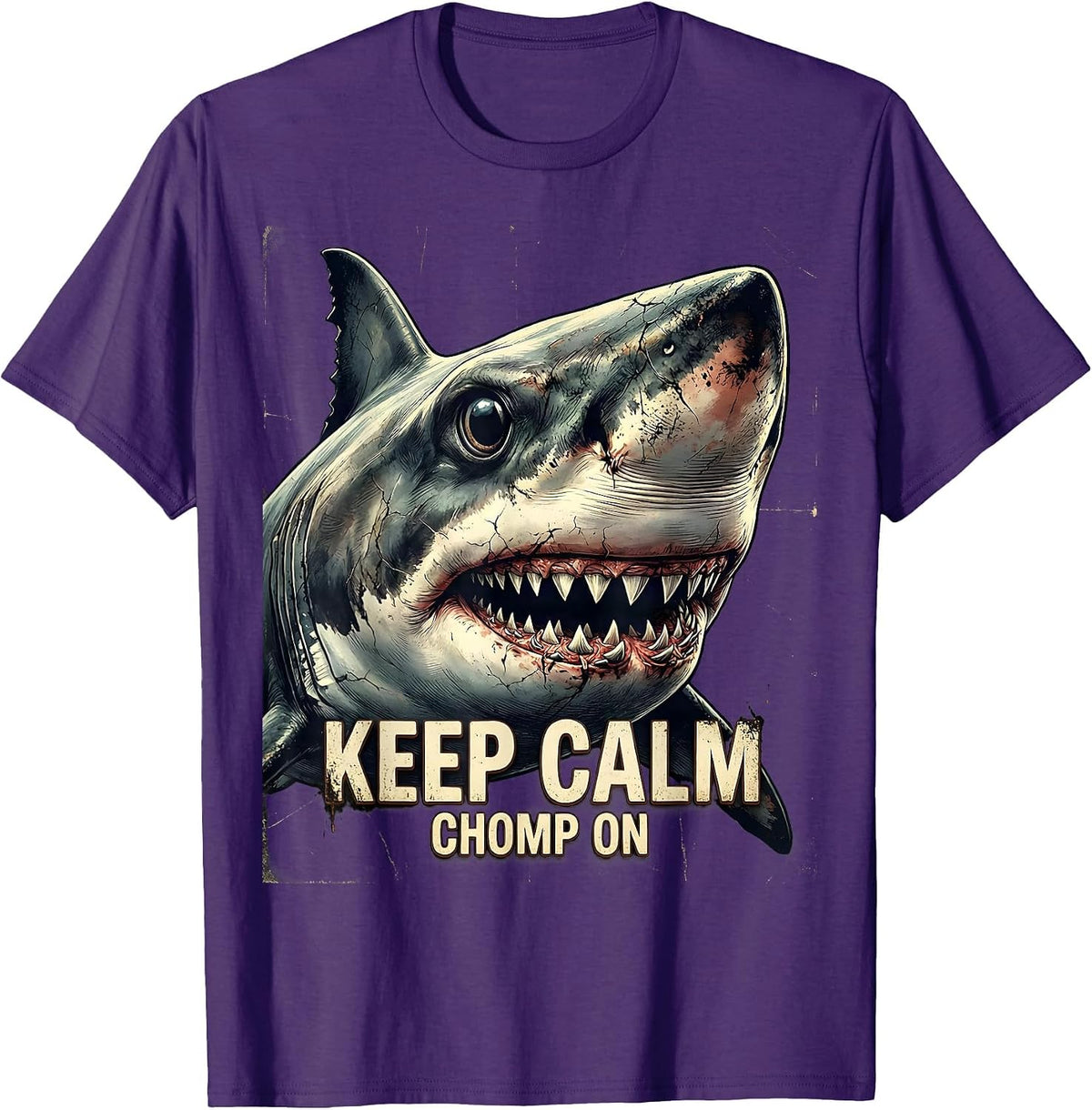 Men's Keep Calm Chomp On Distressed Shark Lover Ocean Humor T-Shirt - Purple