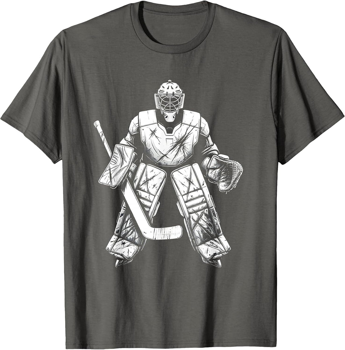 Battle-Worn Goalie Pads Armored Hockey Graphic T-Shirt - Asphalt Grey