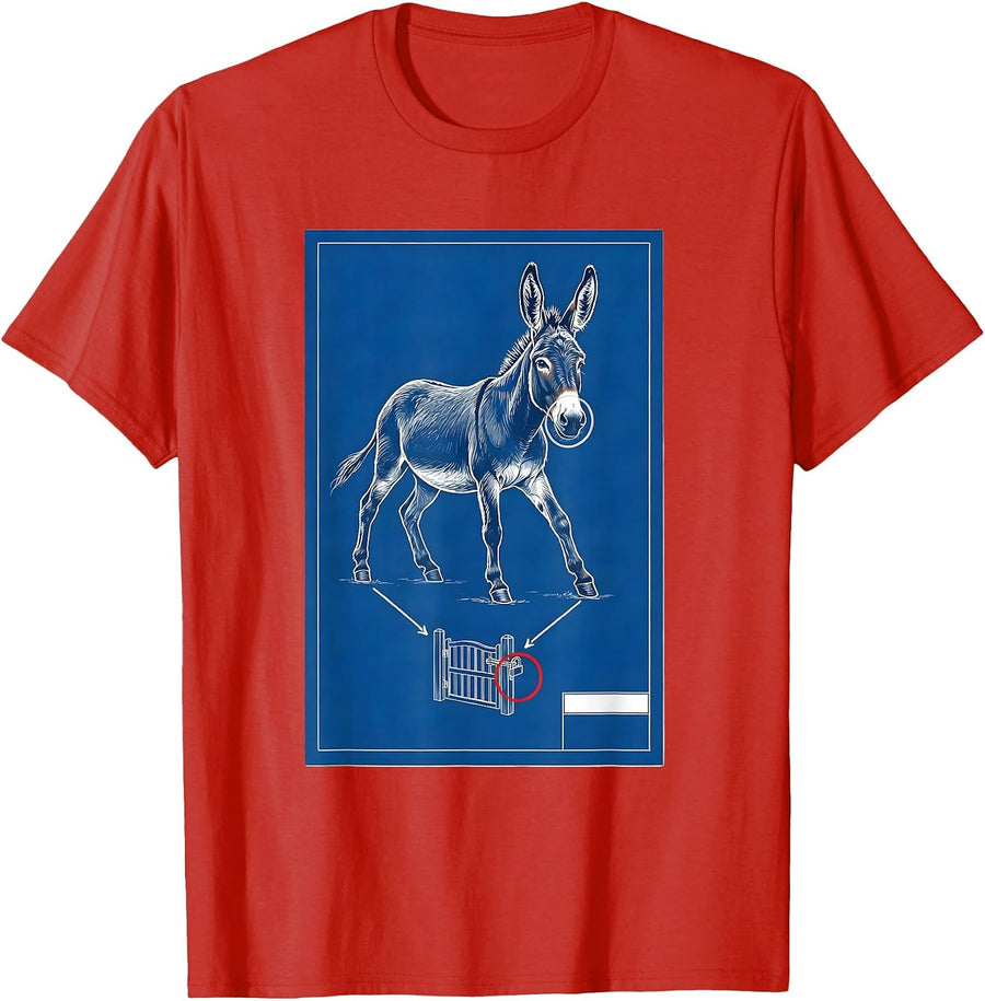 Men's Donkey Silhouette Technical Blueprint Animal Lover Humor T-Shirt - Red