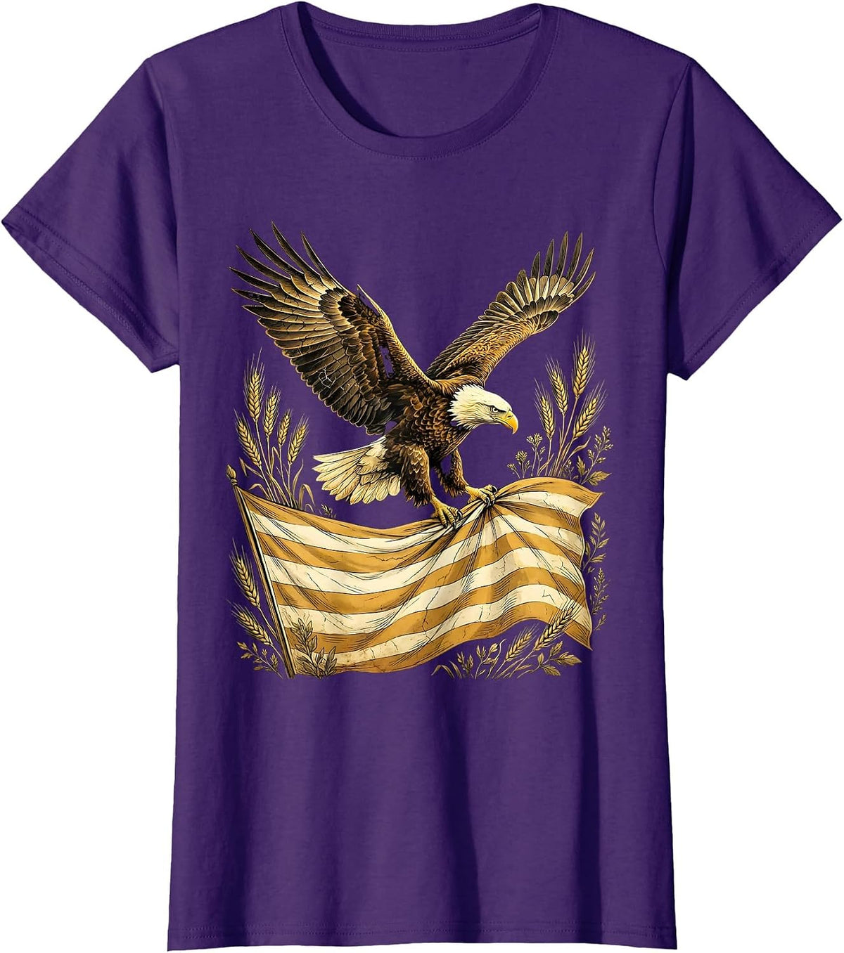 Women's Bald Eagle in Flight Over Waving Flag Illustration T-Shirt - Purple