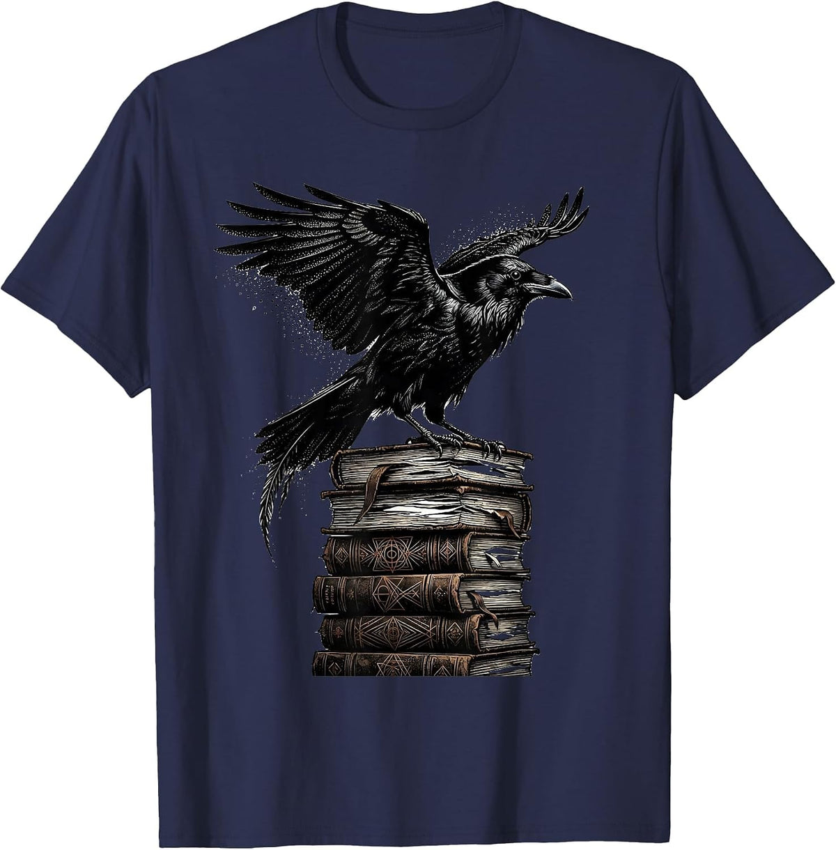 Men's Raven Perched on Stack of Old Books T-Shirt - Navy Blue