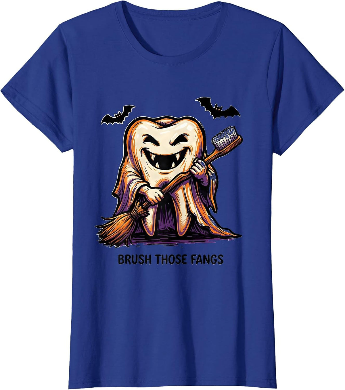 Women's Brush Those Fangs Funny Dental Hygienist Ghost Halloween T-Shirt - Royal Blue