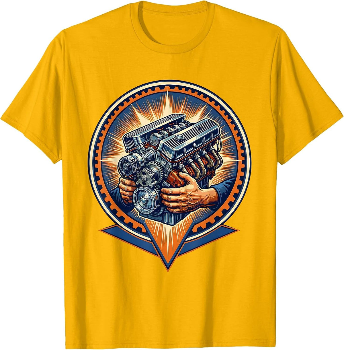 Cuba Classic Car Engine Mechanic Illustration T-Shirt - Golden Yellow