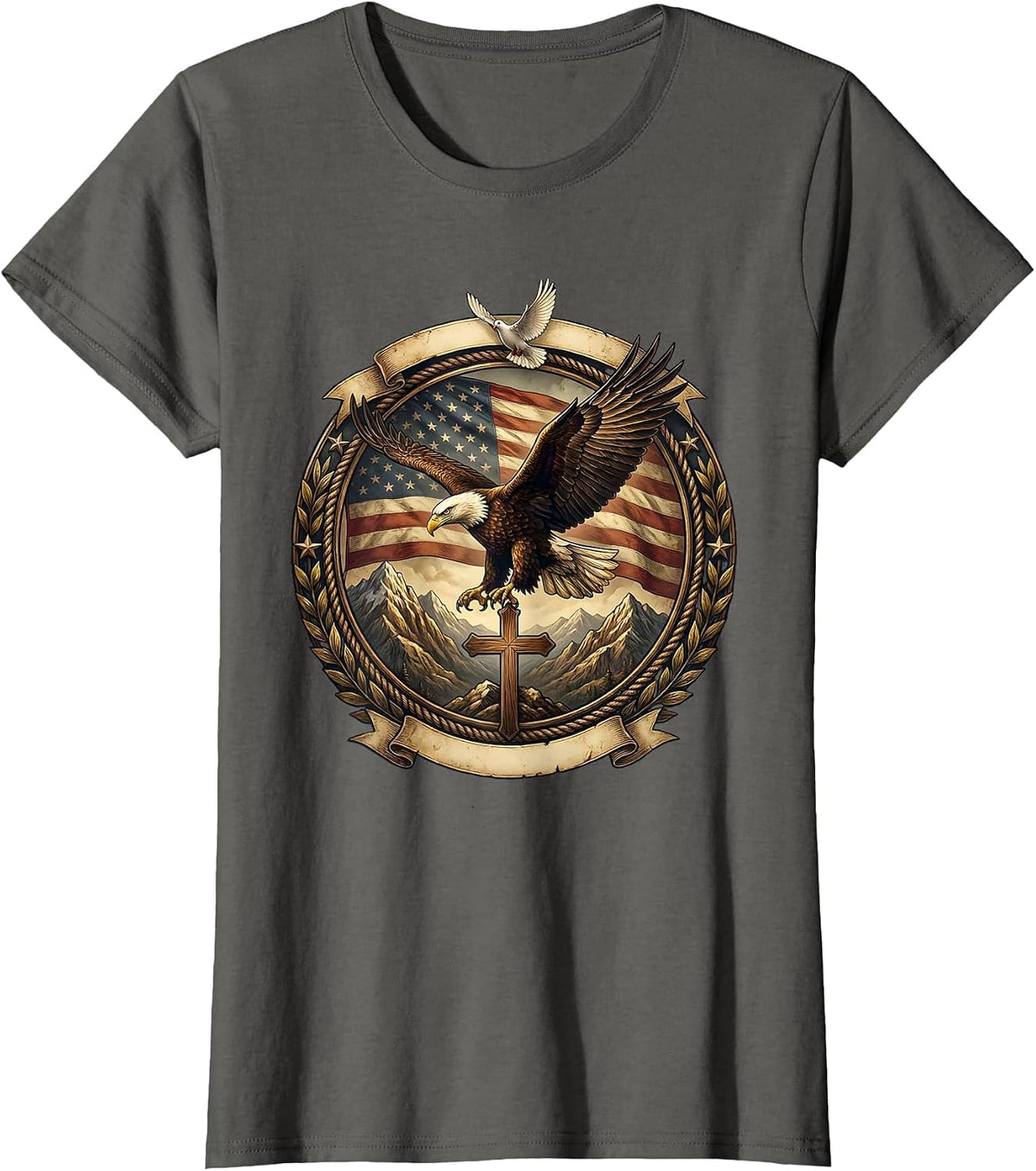 Women's Bald Eagle Soaring Over Mountain Peaks T-Shirt - Asphalt Grey