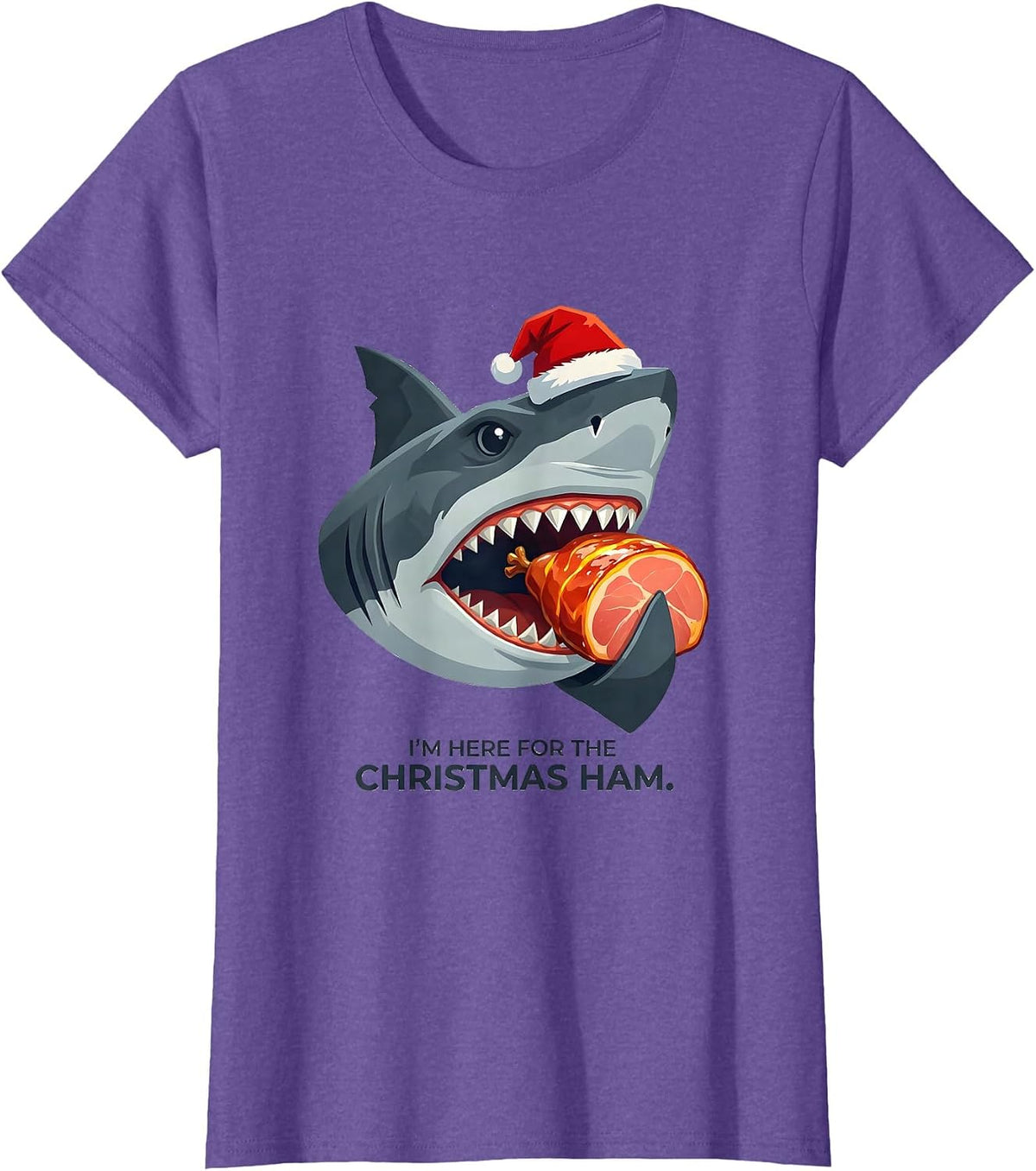 I'm Here for the Christmas Ham Funny Shark Santa Hat Novelty T-Shirt - Purple Heather