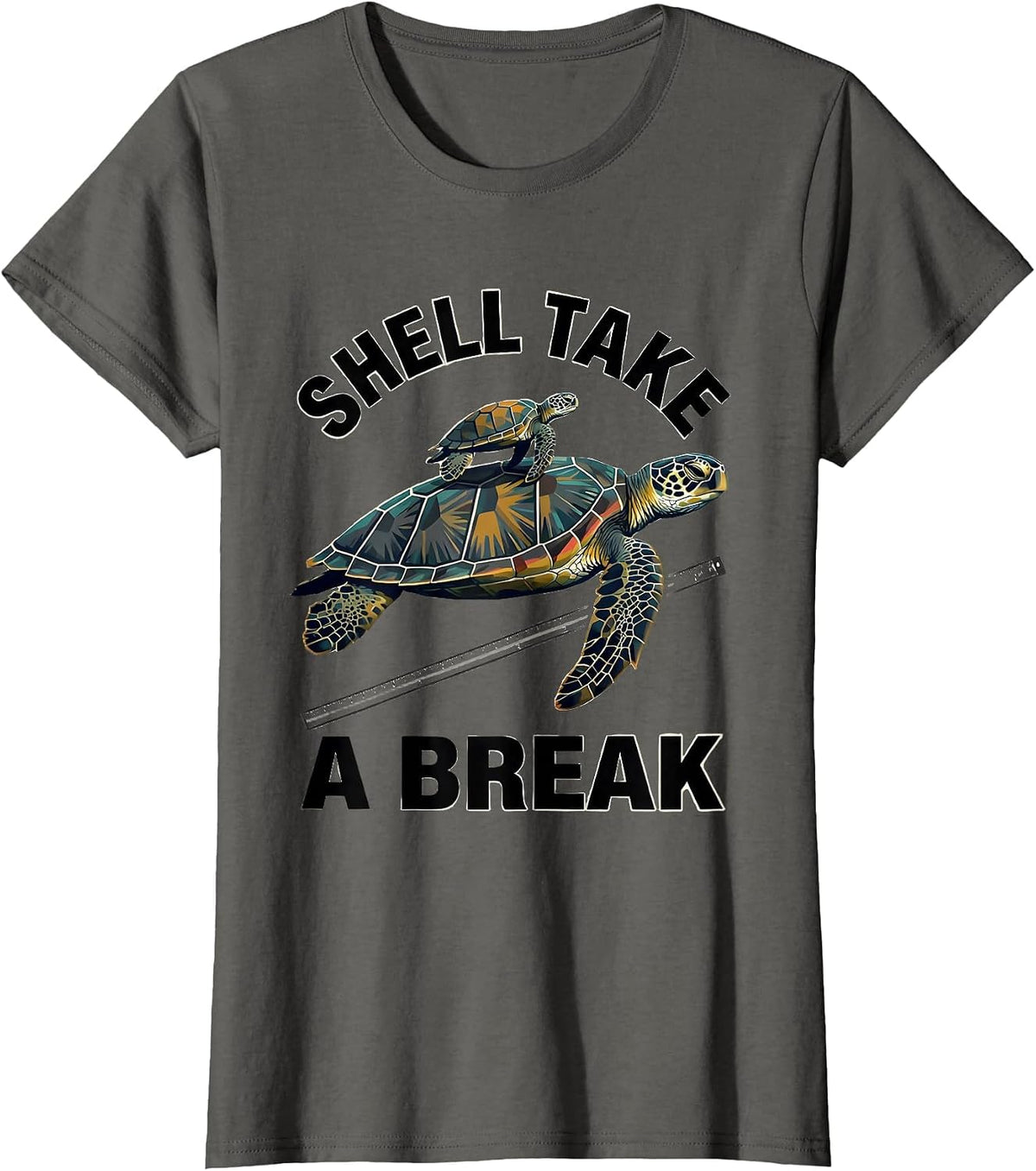Women's Shell Take A Break Midcentury Modern Sea Turtle Ocean Animal T-Shirt - Asphalt Grey