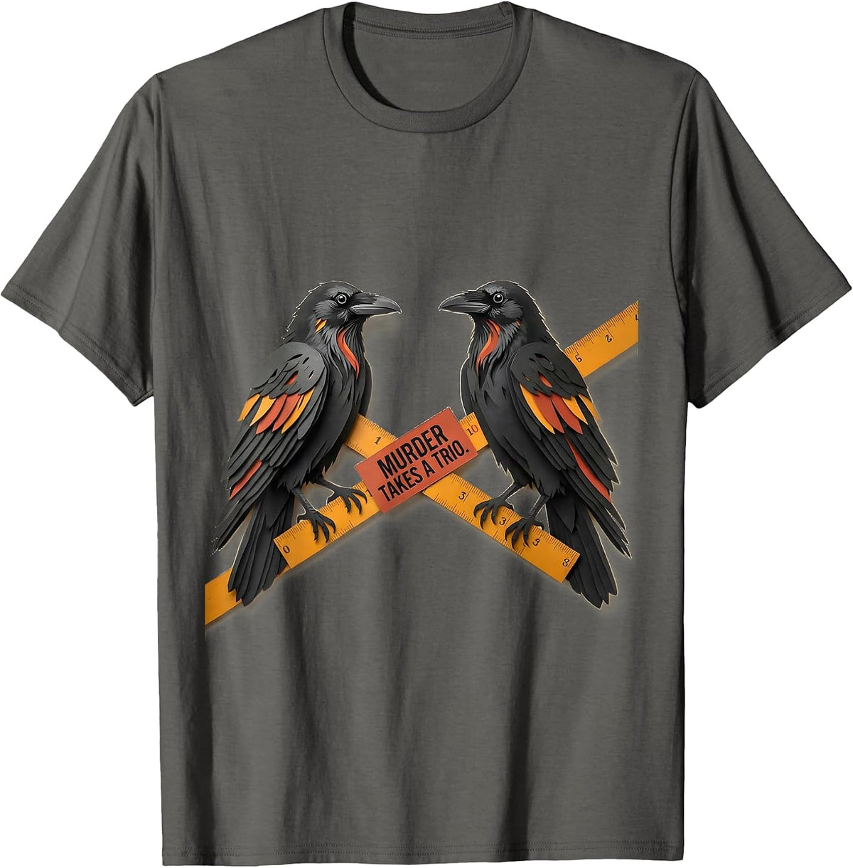 Murder Takes A Trio Paper-Cutout Crow Humor Gothic Literary T-Shirt - Asphalt Grey