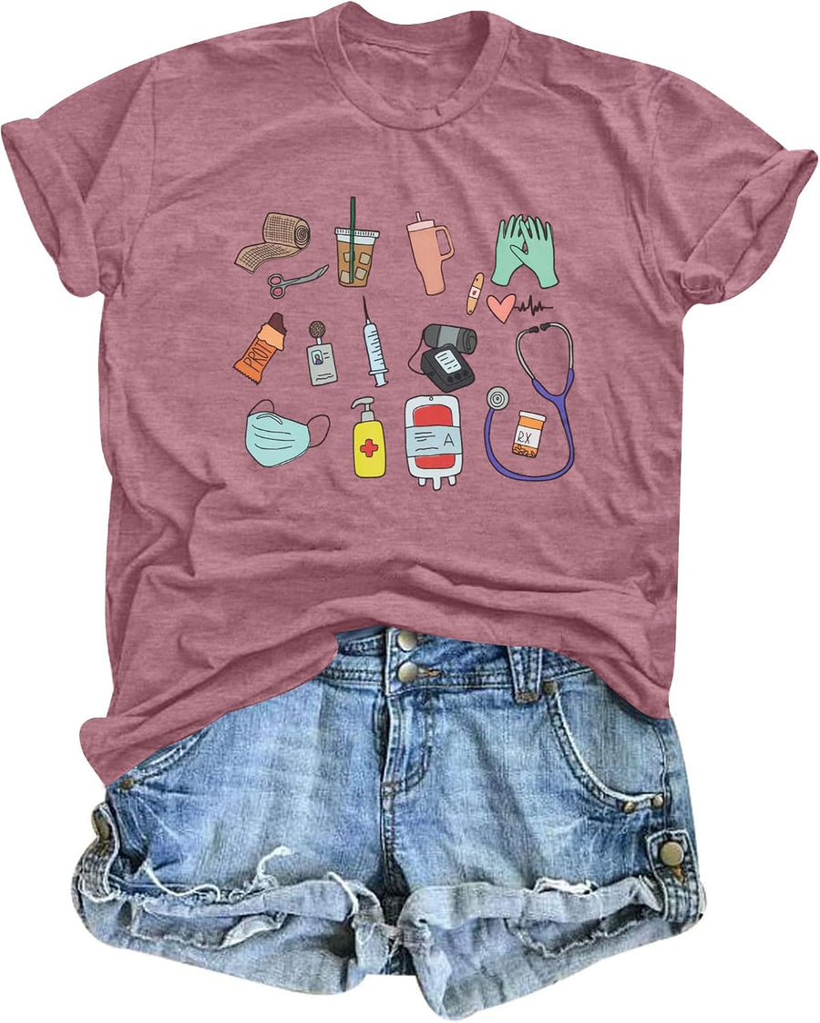 Nurse Shirt Women Nurse Accessories Graphic: Tees Cute Nurse Life T-Shirt Inspirational Short Sleeve Tee Tops - Pink