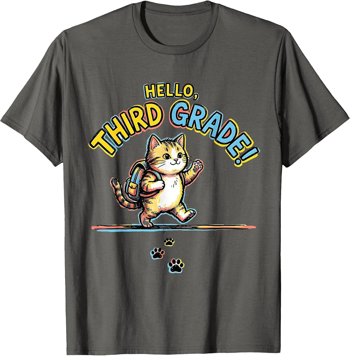 Hello, Third Grade! Cute Kitten Girls Back to School T-Shirt - Asphalt Grey