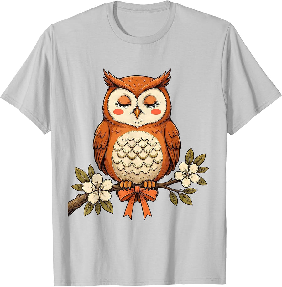 Men's Cute Owl Flowering Branch Retro Owl Lover Halloween T-Shirt - Silver Grey