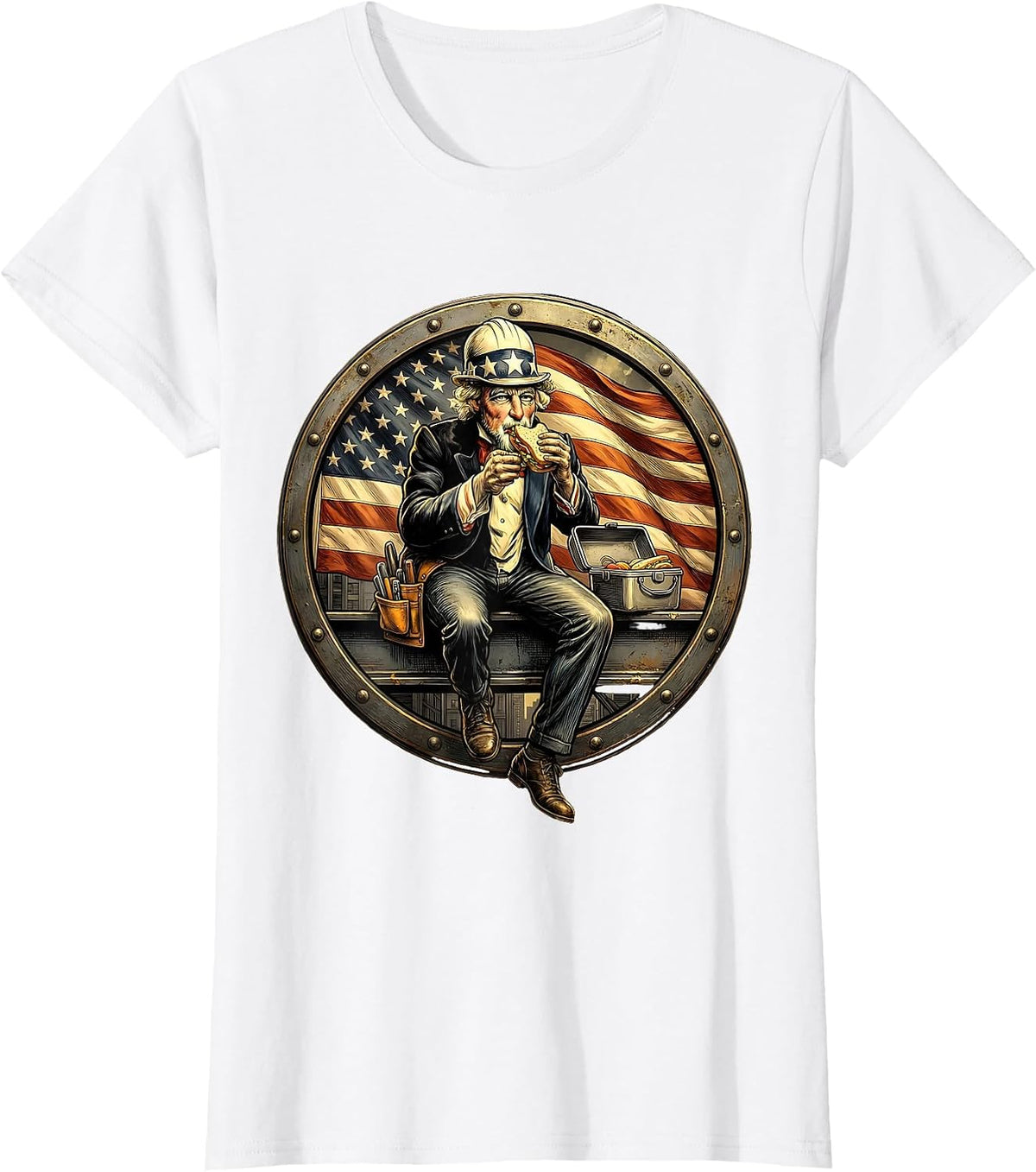 American Flag Construction Worker Steel Beam Tee T-Shirt - White