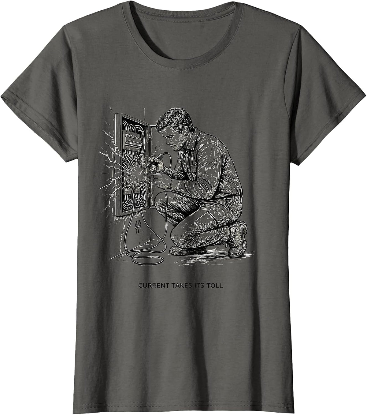 Women's Current Takes Its Toll Funny Electrician Lineman Trade Humor T-Shirt - Asphalt Grey