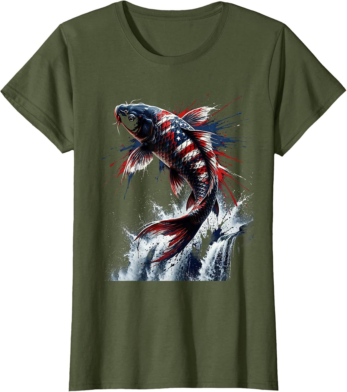 Women's Koi Fish Leaping Waterfall Nature Illustration T-Shirt - Olive Green
