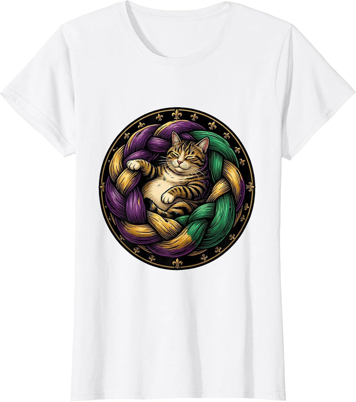 Women's Mardi Gras Cat Lounging in a King Cake T-Shirt - White