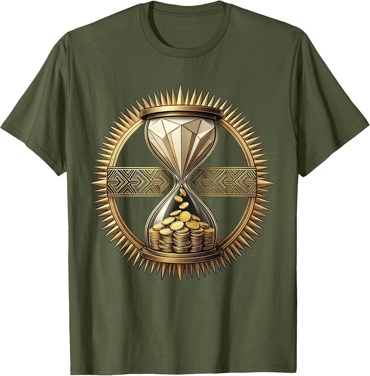 Black and Gold Hourglass Falling Coins Graphic T-Shirt - Olive Green