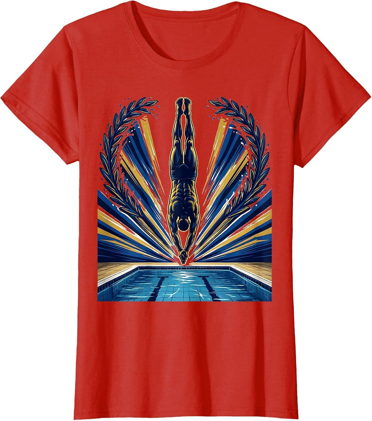 Athlete Diving Into Glowing Pool Graphic Tee T-Shirt - Red