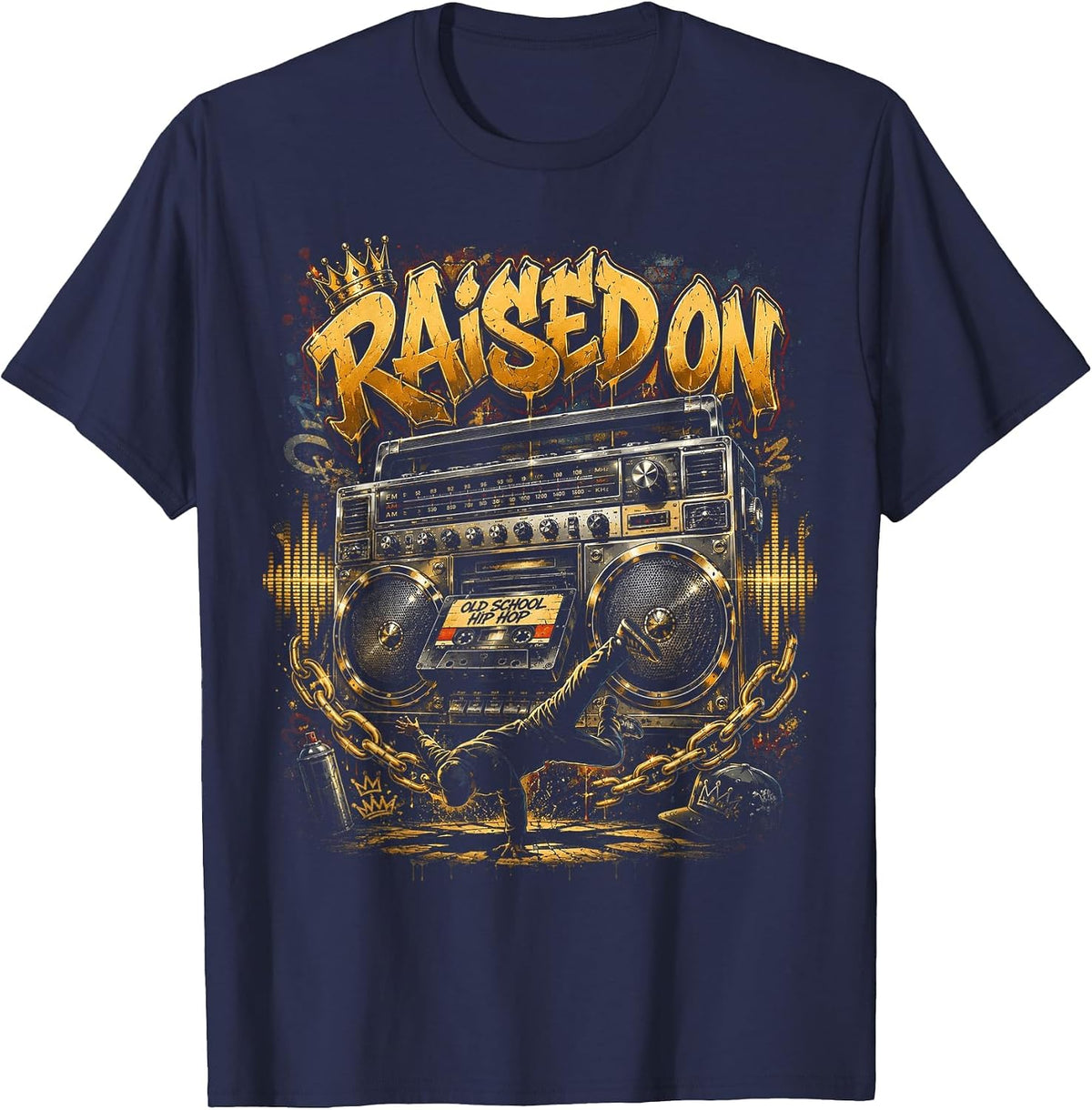 Raised On Old School Hip Hop Cassette Graffiti Rap T-Shirt - Navy Blue