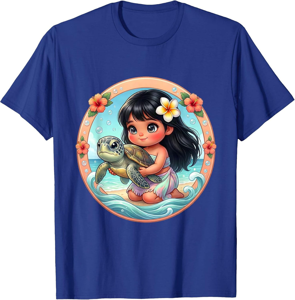 Men's Hawaiian Girl Releasing Sea Turtle Ocean Art T-Shirt - Royal Blue