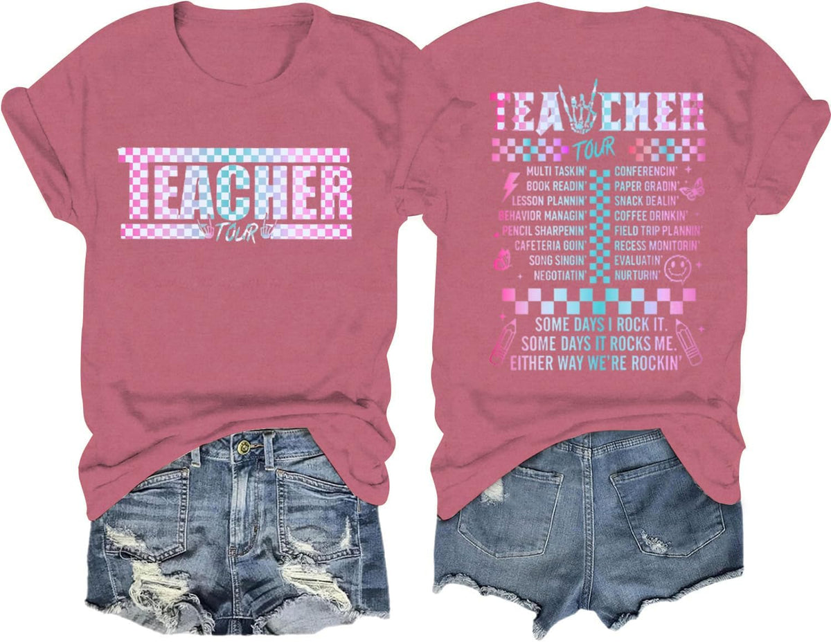 Teacher Shirts for Women Back to School Teaching Life Tee Tops - Pink