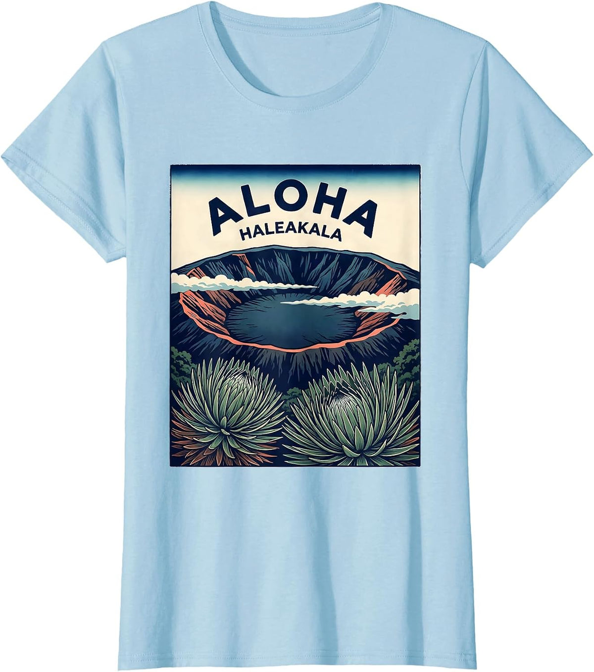 Aloha Haleakala Ukiyo E Vintage Hawaii Luau Party Souvenir T-Shirt - Baby Blue