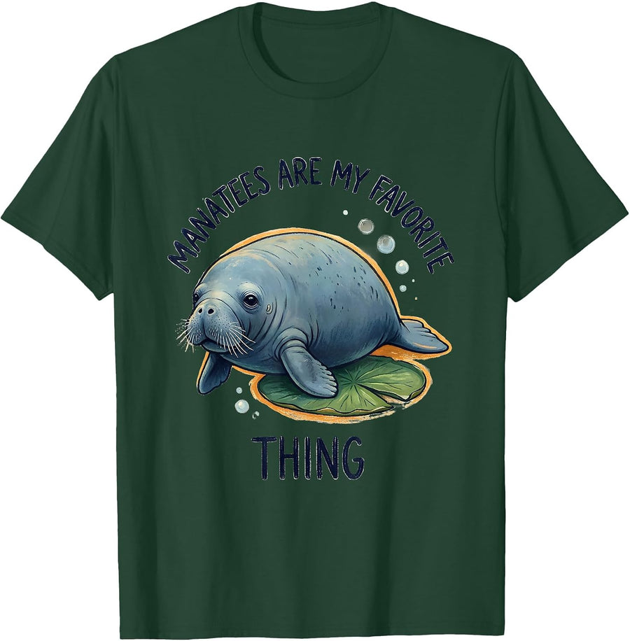 Men's Manatees Are My Favorite Thing Whimsical Sea Cow Humor T-Shirt - Dark Green