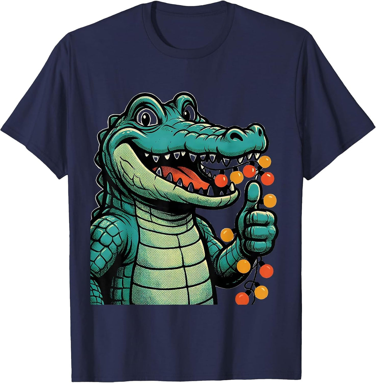 Party Animal Crocodile With String Lights Design T-Shirt - Navy Blue