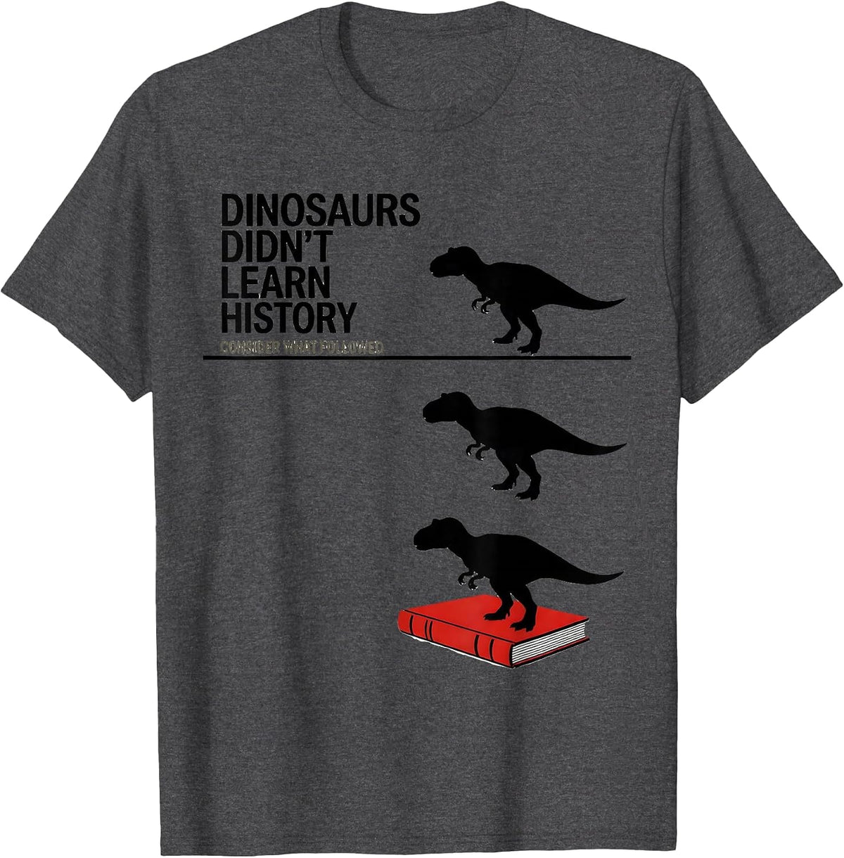 Dinosaurs Didn't Learn History — Consider What Followed T-Shirt - Dark Heather Grey