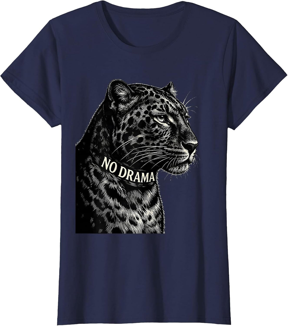 Women's No Drama Scratchboard Panther Portrait Glam Big Cat Animal T-Shirt - Navy Blue