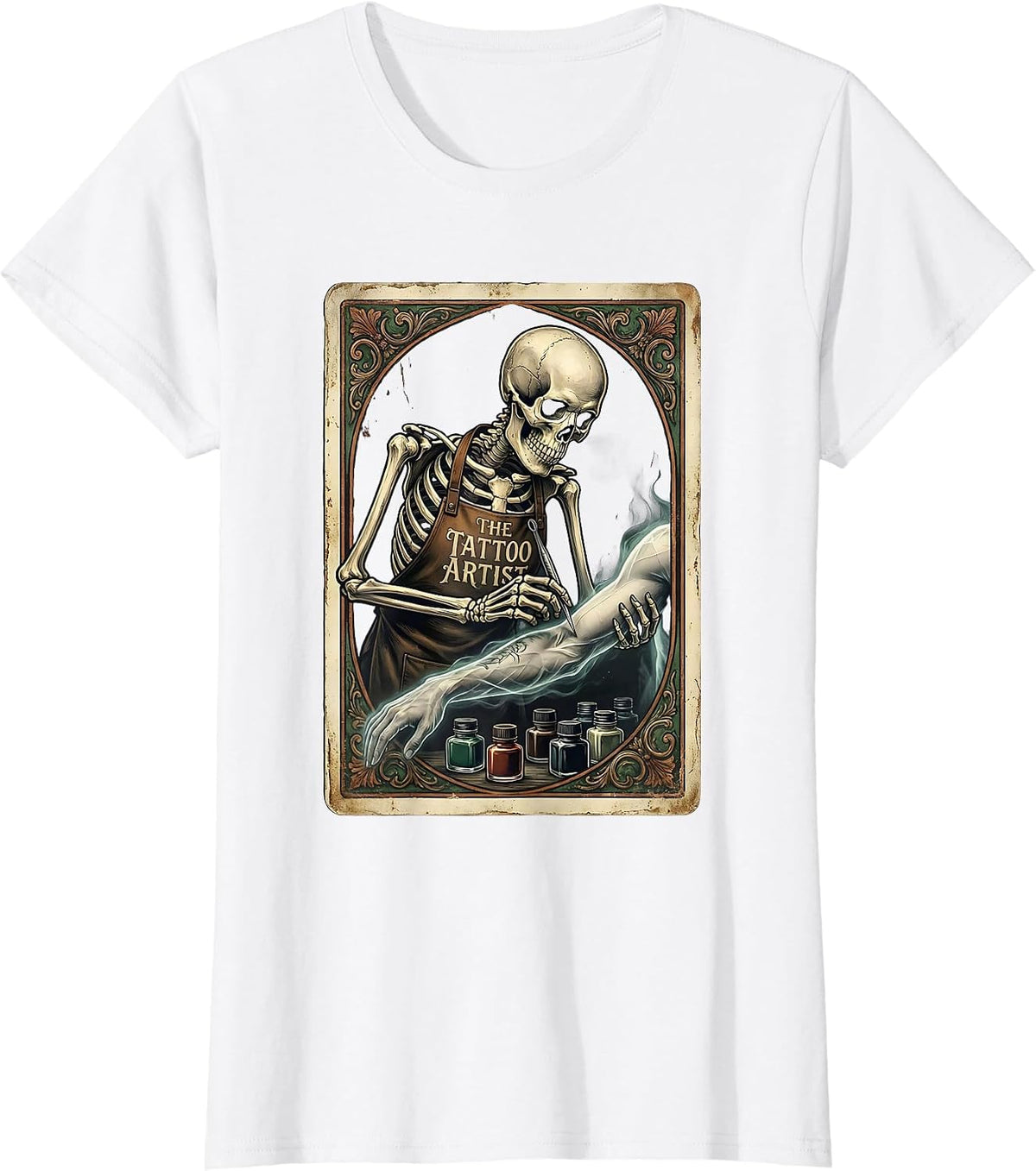Women's The Tattoo Artist Vintage Tarot Card Skeleton Gothic Humor T-Shirt - White