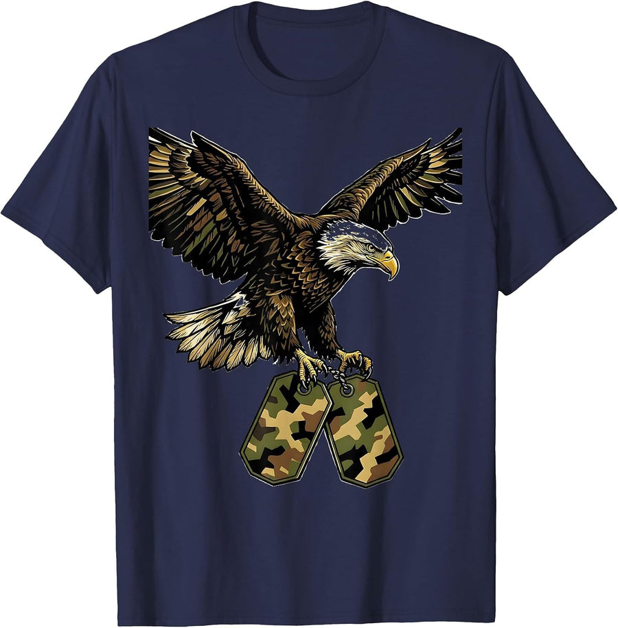 Eagle Clutching Camo Dog Tags Patriotic Design T-Shirt - Navy Blue