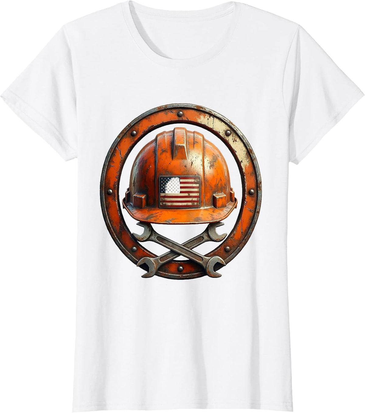 Women's Construction Worker Hard Hat Flag Emblem Graphic T-Shirt - White