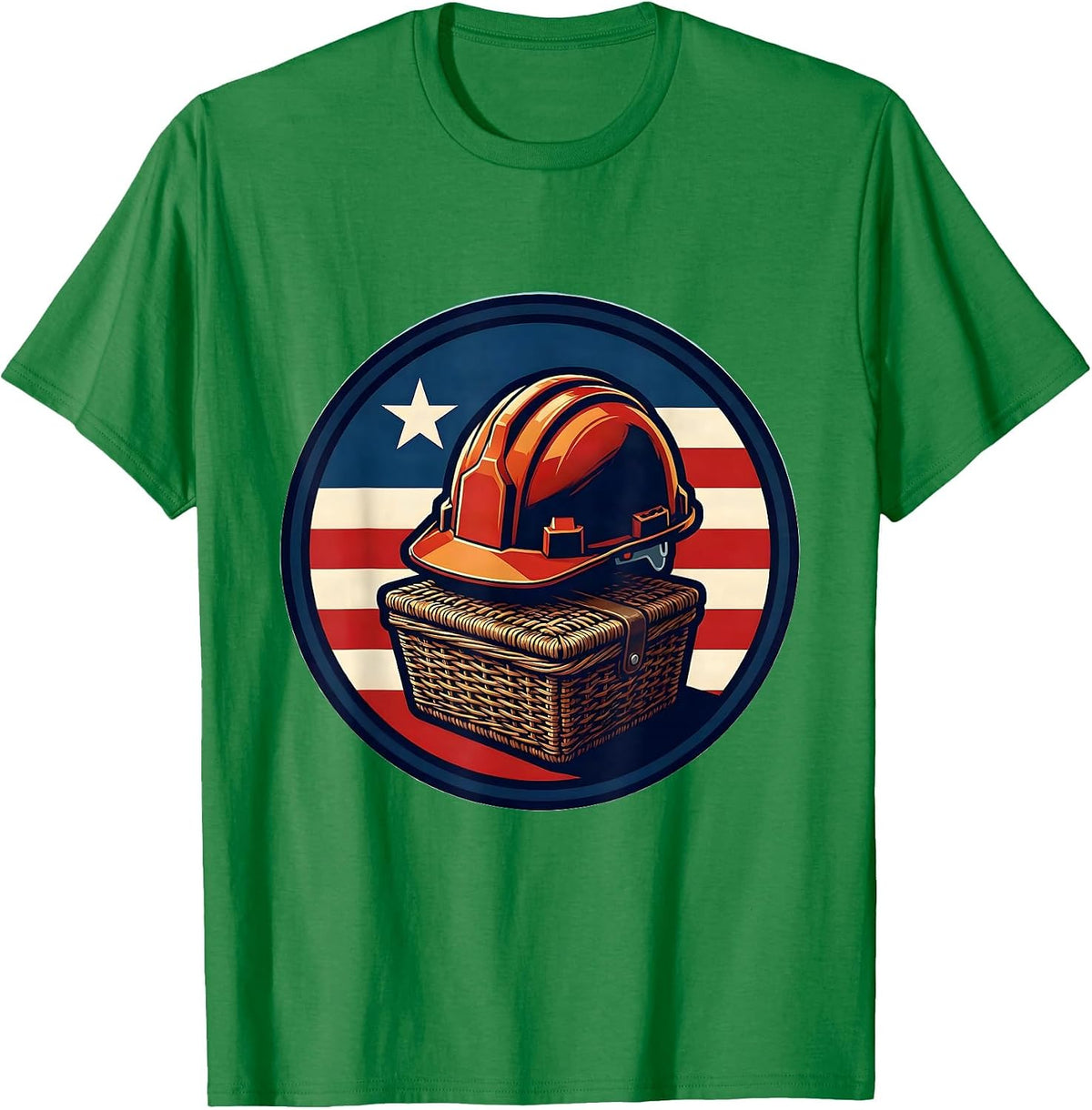 Men's Sealed Badge Hard Hat Picnic Basket Patriotic Labor Day T-Shirt - Kelly Green