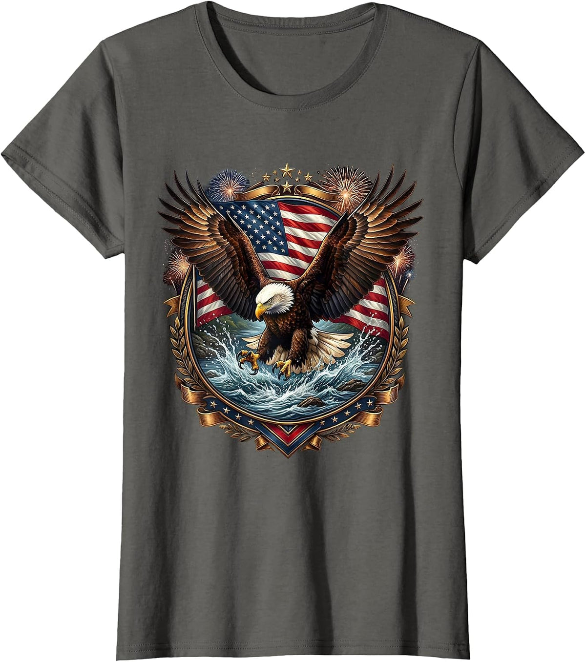 Women's Bald Eagle Wings Spread River Patriotic Design T-Shirt - Asphalt Grey