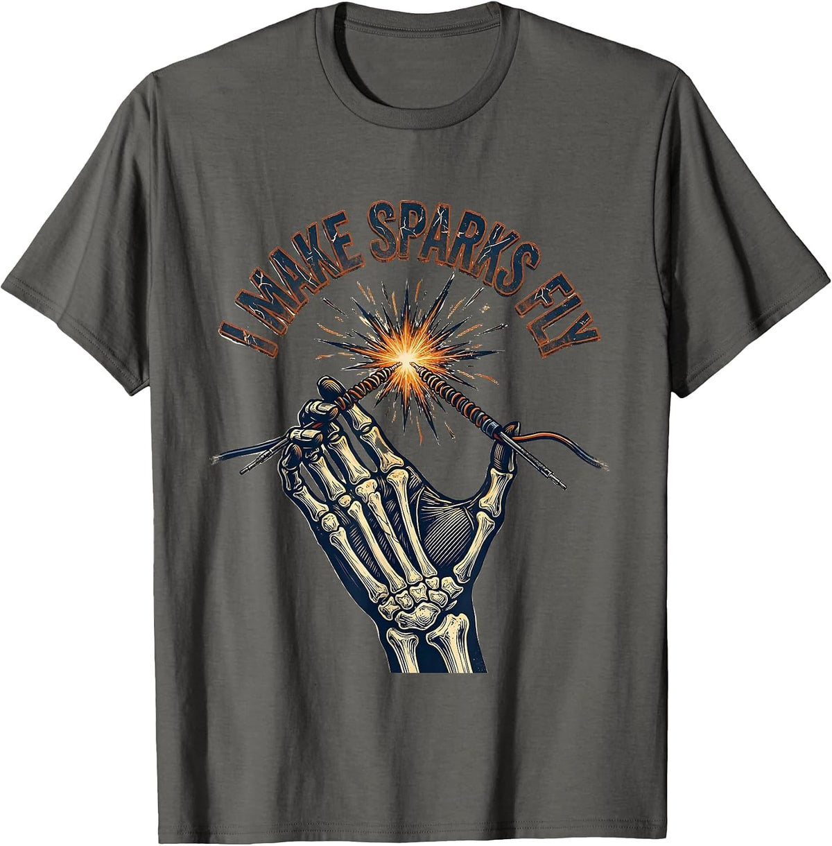 I Make Sparks Fly Funny Skeleton Electrician Gift T-Shirt - Asphalt Grey