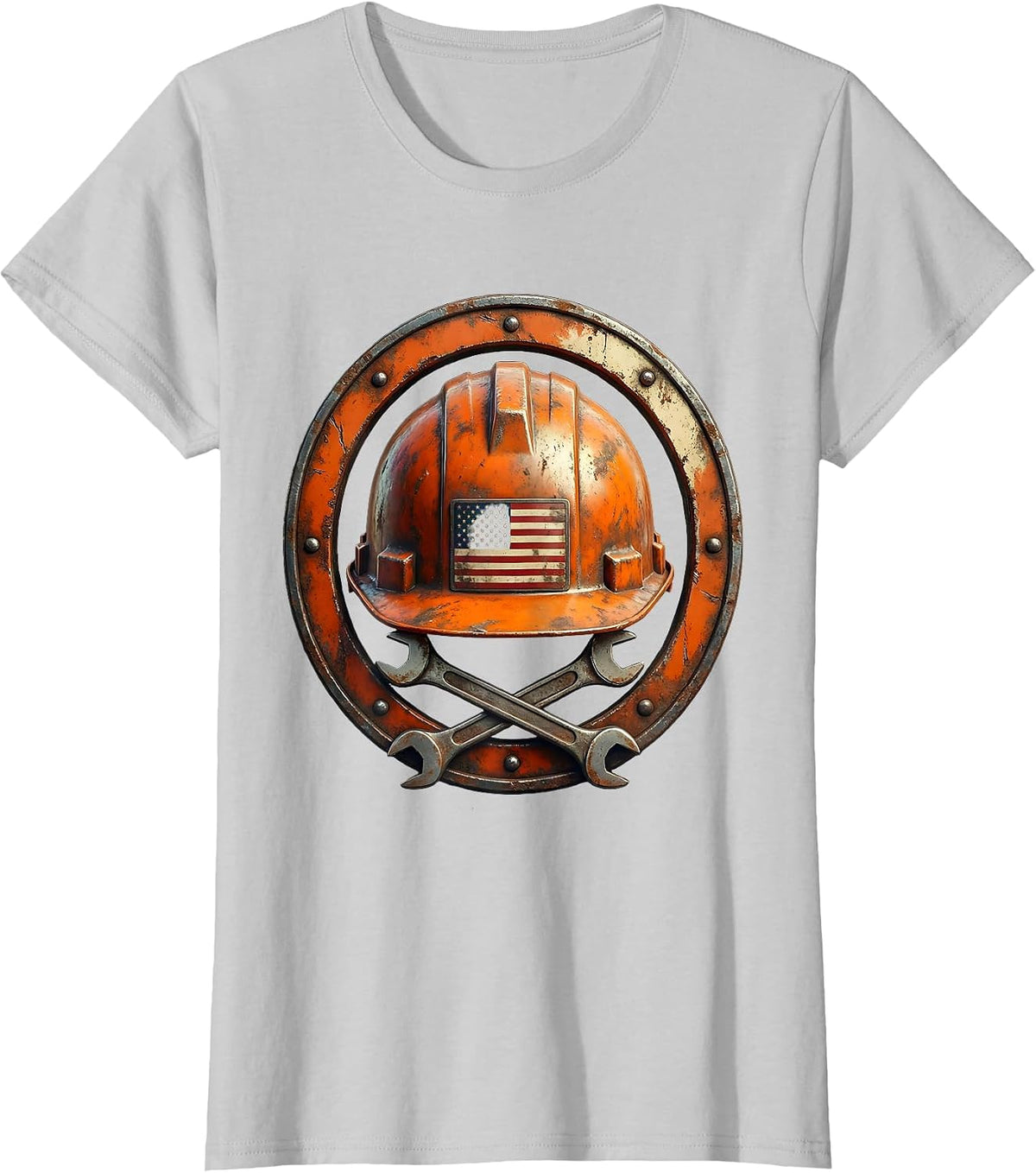 Women's Construction Worker Hard Hat Flag Emblem Graphic T-Shirt - Silver Grey