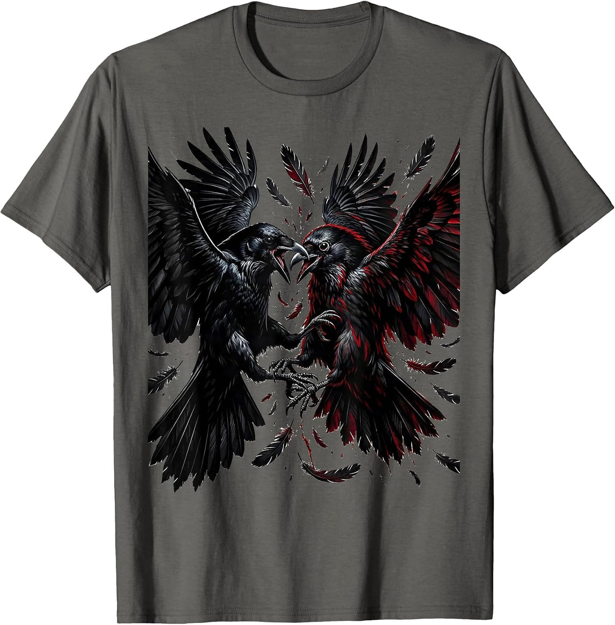Crow vs Raven Mid-Air Battle Illustration T-Shirt - Asphalt Grey