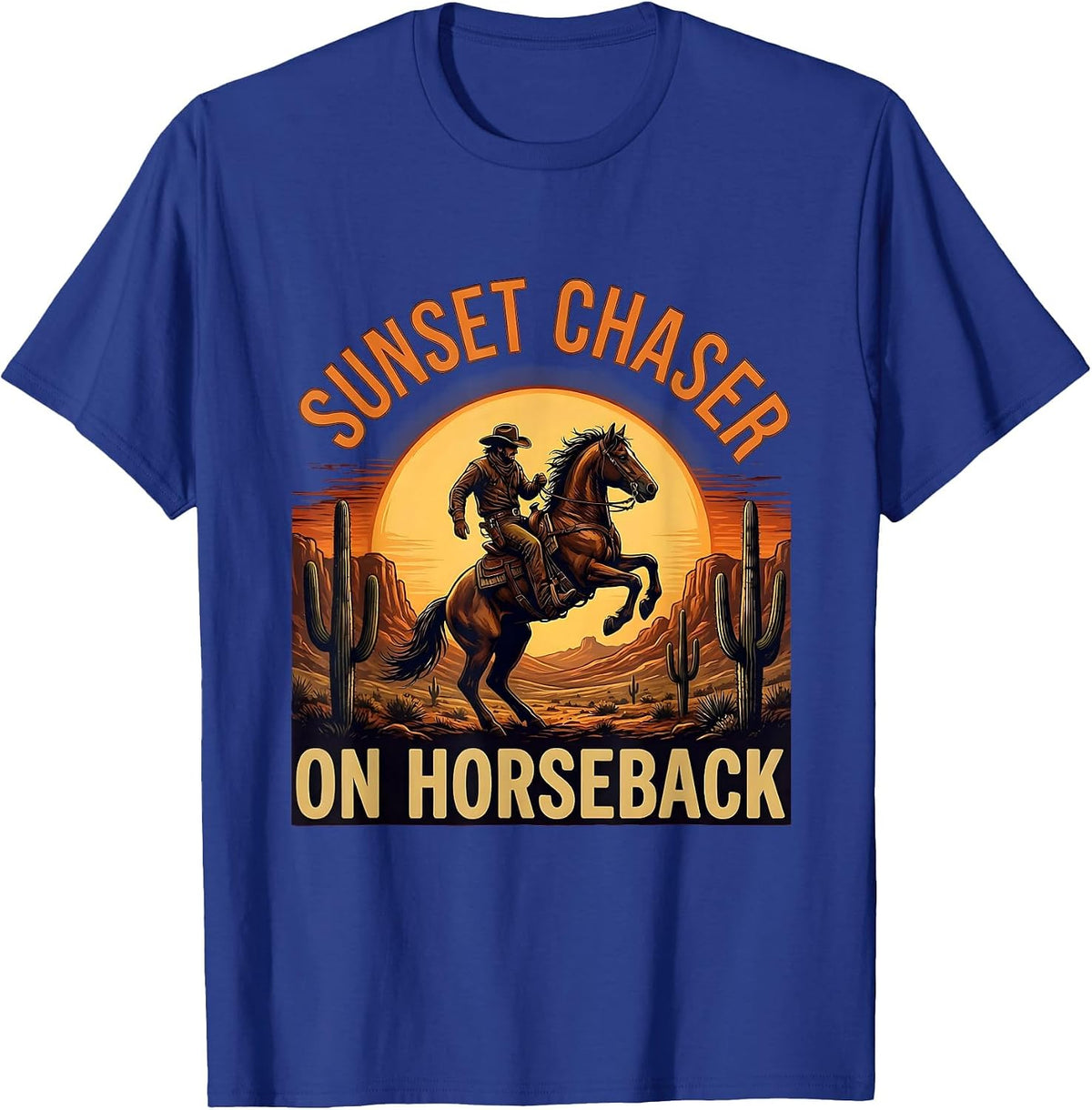 Sunset Chaser On Horseback Cowboy Design T-Shirt - Royal Blue