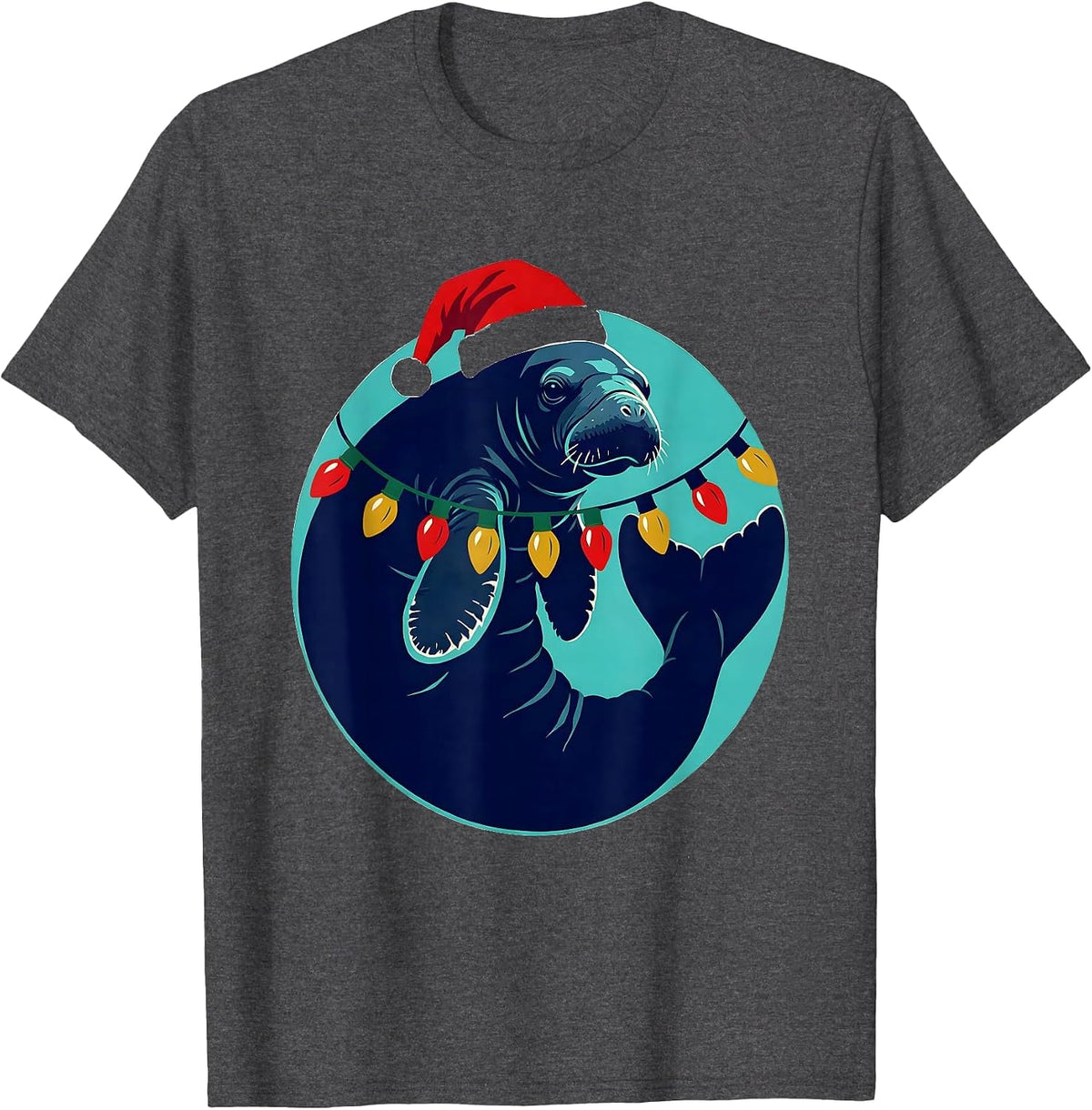 Manatee Santa Hat Christmas Tree Lights Holiday Humor T-Shirt - Dark Heather Grey
