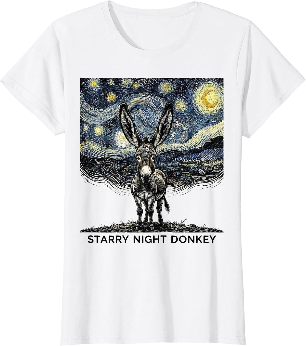 Starry Night Donkey Line Art Animal Lover Van Gogh Style T-Shirt - White